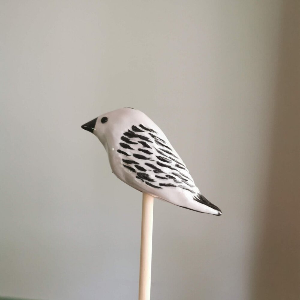 Handmand Ceramic Snow Bunting Bird on a Stick, Garden Decor